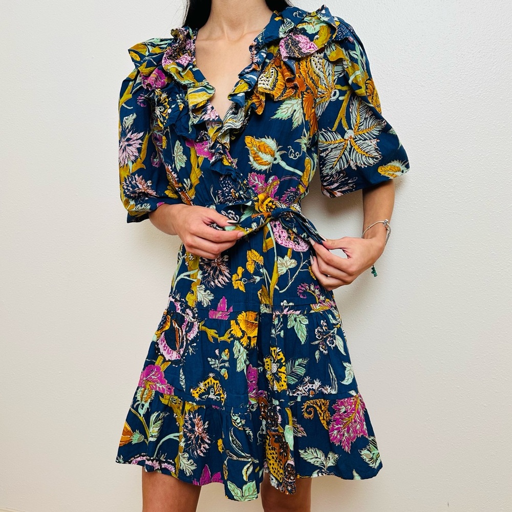 House of Harlow 1960 Mini Floral Wrap Dress Boho Ruffle Puff Sleeve
